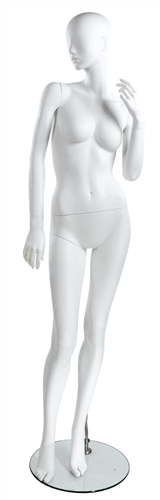 Trendy abstract head matte white fiberglass female mannequin Pose 2 with glass base for retail clothing displays