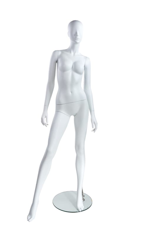 Trendy Abstract Head Matte White Female Mannequin – Pose 3 by Zing Display on glass base