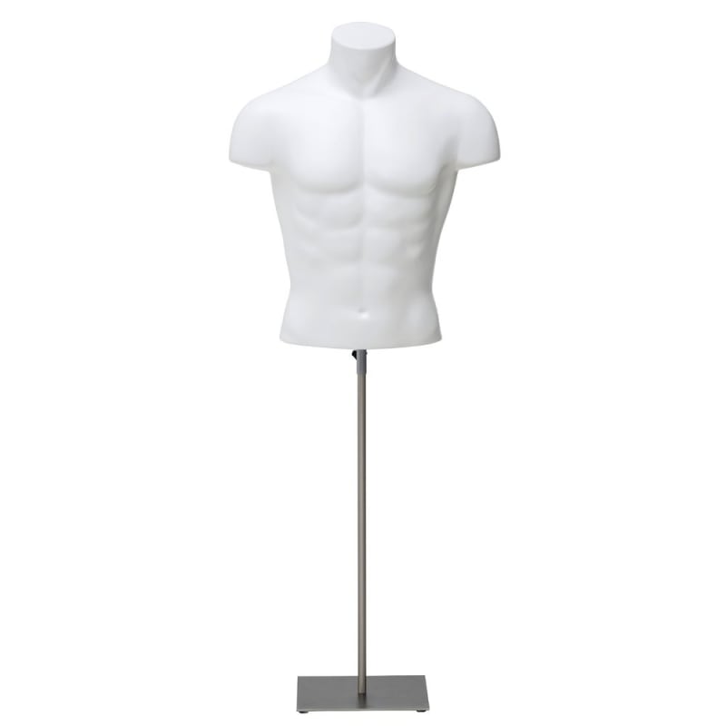 Male torso mannequin white plastic with satin nickel base for retail shirt and scarf display Male torso mannequin white plastic with satin nickel base for retail shirt and scarf display