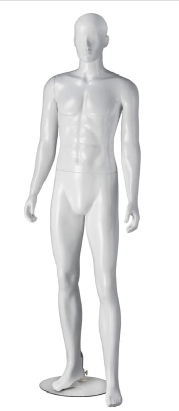 Glossy white plastic male mannequin with removable egg-shaped head and glass base