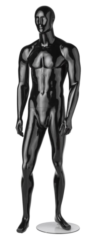 Glossy black fiberglass athletic male mannequin with glass base and ankle rod support