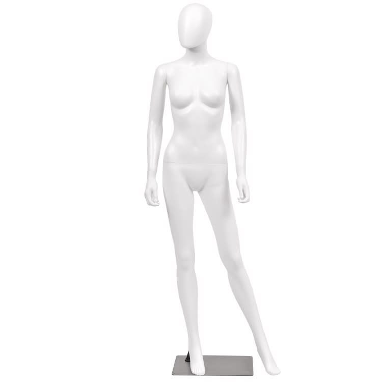5.8 ft white plastic egghead female mannequin with left leg out pose and metal base with calf support rod