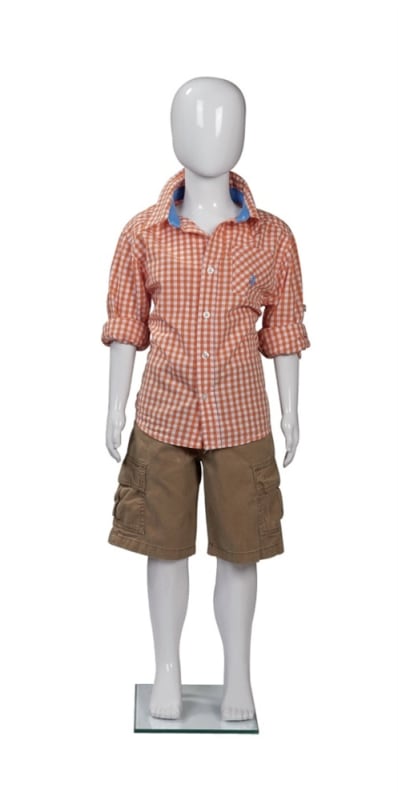 Unbreakable full-size unisex child mannequin in gloss white with glass base from Zing Display Unbreakable full-size unisex child mannequin in gloss white with glass base from Zing Display