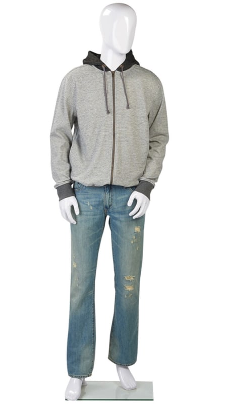 Glossy white plastic male egghead mannequin with arms at sides pose and clear glass base