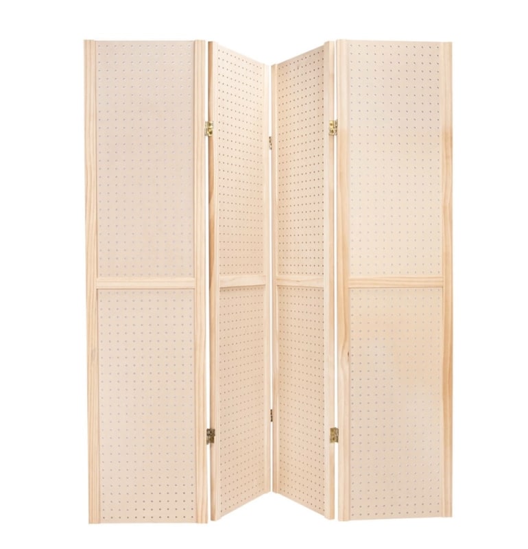 4-Panel natural pine wood folding pegboard display unit for retail merchandising