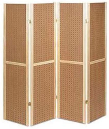 4-Panel natural pine wood folding pegboard display unit for retail merchandising