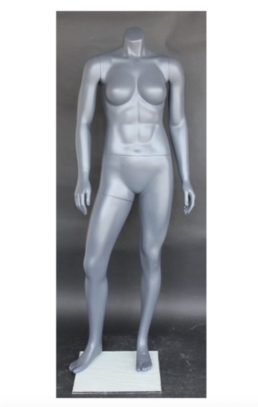 Headless athletic build matte grey female mannequin by Zing Display with muscular physique and glass base