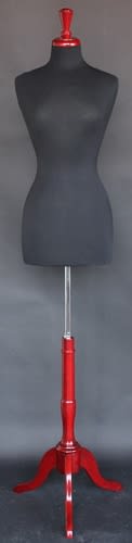 Black Jersey Covered Female Dress Form with Wooden Base and Finial Neckcap - Size  6/8