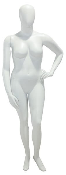 Matte white plus-size female mannequin with egghead design, left hand on hip pose, and display base for retail apparel.