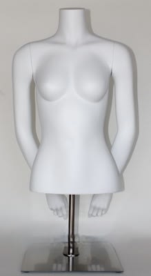 Matte white female torso mannequin with arms, fiberglass construction, adjustable metal pole, and tempered glass base for retail displays.