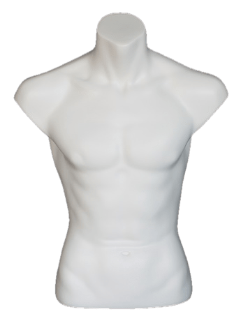 White fiberglass male torso freestanding form with matte finish for displaying shirts and apparel.