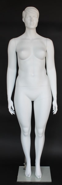 Matte white size 16 female plus-size mannequin with molded hair, realistic head, fiberglass construction, and tempered glass base.
