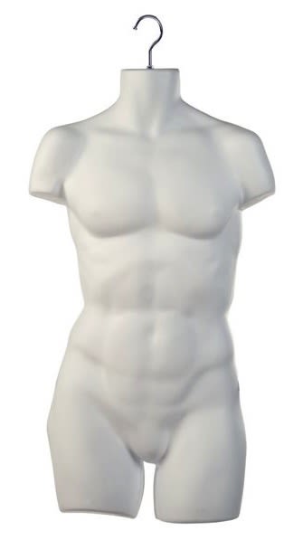 Case of 12 matte white male 3/4 torso forms made from thick injection molded plastic with chrome hooks for menswear displays.
