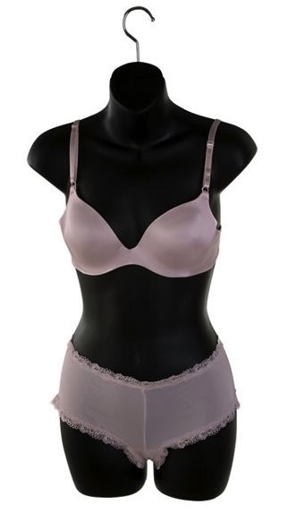 Case of 12 matte black female 3/4 torso forms made from thick injection molded plastic with chrome hooks for women's apparel displays.