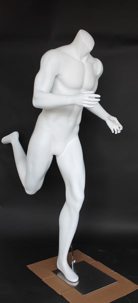 Matte white male headless fiberglass running mannequin with base for athletic retail clothing displays