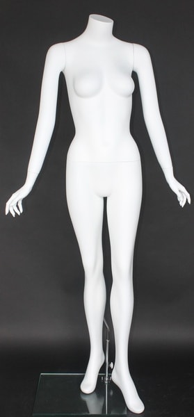 Matte white female headless fiberglass mannequin in an elegant tiptoe pose with tempered glass base for retail fashion displays.