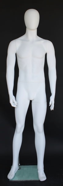 6’2” matte white fiberglass male mannequin with abstract egghead design, casual standing pose, rotatable shoulders, and tempered glass base for retail clothing display
