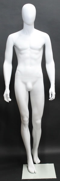 6’3” matte white fiberglass male mannequin with abstract egghead, walking pose style, rotatable shoulders, and tempered glass base for modern retail clothing display