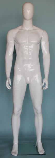 Gloss white athletic male fiberglass mannequin with egghead design, muscular build, casual standing pose, rotatable arms, and tempered glass base for sports and fashion display