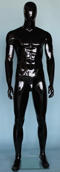 6’2” glossy black fiberglass male mannequin with egghead design, athletic build, basic standing pose, removable body parts, and tempered glass base for sports apparel display