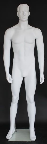 6’2” white matte fiberglass male mannequin with realistic face, arms at sides, removable body sections, and tempered glass base for retail clothing display