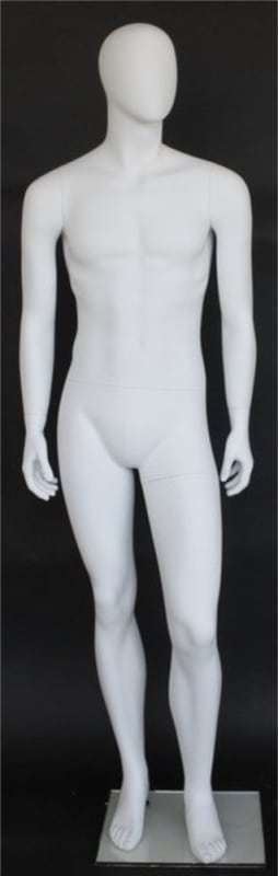 6’2” matte white fiberglass abstract male egghead mannequin with tempered glass base and metal calf and foot rods for modern retail display