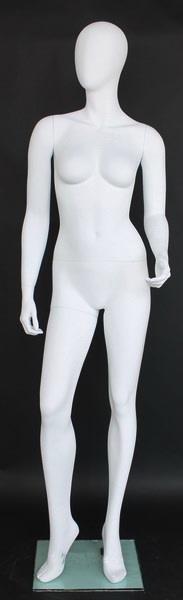 Matte white contemporary egg face female mannequin with right leg out pose, fiberglass construction, calf support rod, and tempered glass base