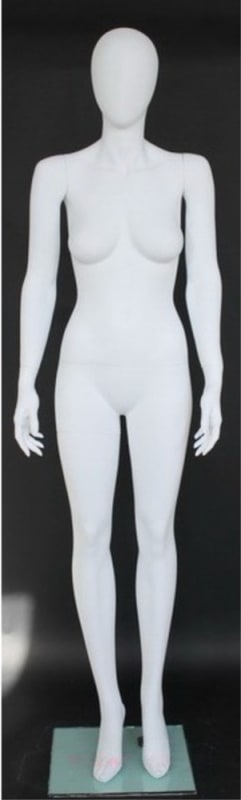 Matte white contemporary egg face female mannequin with bent right leg pose, fiberglass construction, metal calf and foot support rods, and tempered glass base