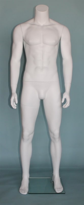 Matte white muscular headless male mannequin with fiberglass construction, athletic pose, tempered glass base, and calf and foot support rods