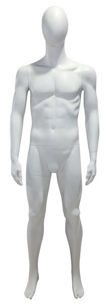 6'2" matte white male abstract egghead fiberglass mannequin with rotating arms, tempered glass base, calf support rod, and foot support rod