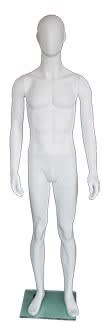5'11" matte white male egghead fiberglass mannequin with rotating arms, tempered glass base, and metal calf and foot support rods