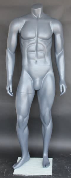 Grey male headless fiberglass mannequin with an athletic build, used for retail apparel display on a tempered glass base.