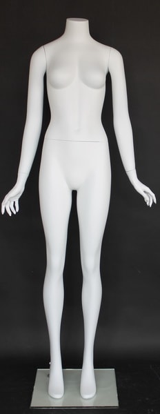 Matte white female headless fiberglass mannequin with arms by side and tempered glass base for retail clothing displays
