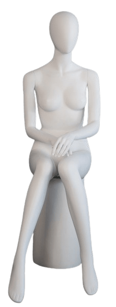 Matte white female headless fiberglass sitting mannequin with right knee raised for retail clothing displays