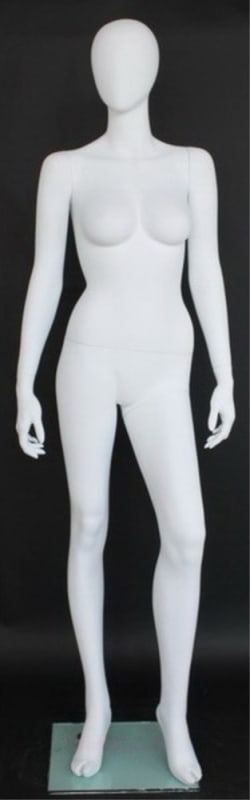 Matte white female egghead fiberglass mannequin head with turned pose and display base for hats, wigs, scarves, and jewelry