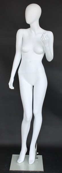 Matte white female egghead mannequin made of fiberglass, exuding calm elegance while standing on a tempered glass base for retail clothing display.
