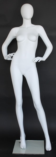 Matte white female egghead mannequin made of fiberglass, featuring a stylishly elegant posture on a tempered glass base, perfect for retail clothing display.