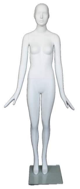 Full-size matte white abstract female egghead mannequin with hands flared out, featuring removable arms and standing on a round base with tempered glass, ideal for high-end fashion display.