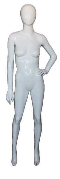 High-gloss white abstract head female mannequin made of fiberglass, featuring a dynamic pose with hand on hip and removable parts, standing on a tempered glass base.