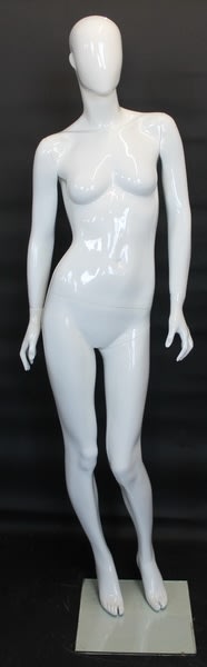 High-gloss white abstract head female mannequin made of fiberglass, featuring a dynamic pose with both arms to the side and removable parts, standing on a tempered glass base.