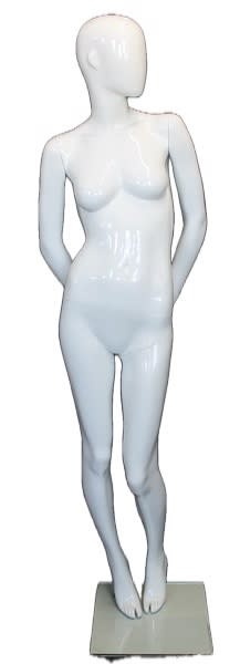 High-gloss white abstract head female mannequin made of fiberglass, featuring a dynamic pose with hands behind back and removable parts, standing on a tempered glass base.