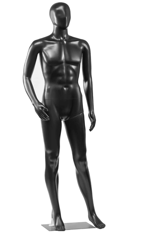 Black unbreakable male full body mannequin made of polypropylene with poseable limbs, rotating head, and metal base for retail clothing display Black unbreakable male full body mannequin made of polypropylene with poseable limbs, rotating head, and metal base for retail clothing display