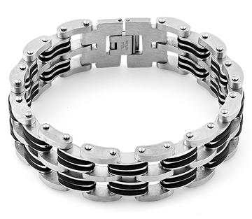 Stainless Steel Black Rubber Link Design Bracelet