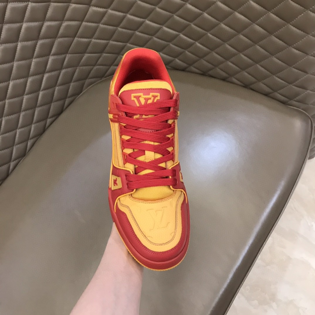 Yellow & Red Louis Vuitton Sneakers Size: 38-45 *Please leave a message of  what size you want to order. Gender: Men This red, white and blue version  of the lv trainer sneaker