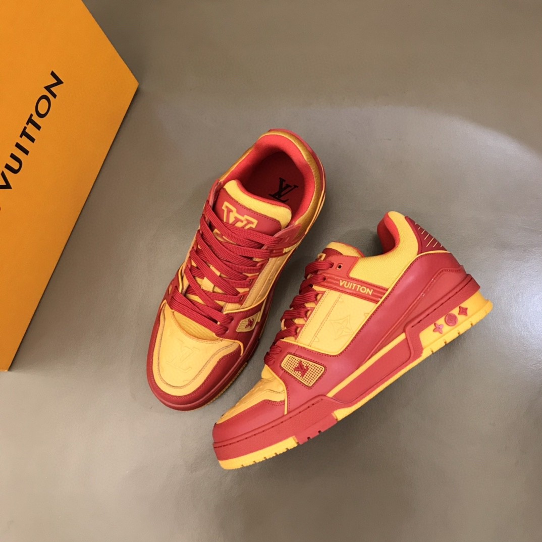 Yellow & Red Louis Vuitton Sneakers Size: 38-45 *Please leave a message of  what size you want to order. Gender: Men This red, white and blue version  of the lv trainer sneaker