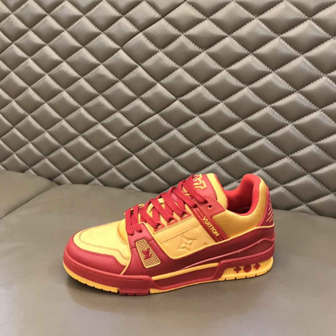 Yellow & Red Louis Vuitton Sneakers Size: 38-45 *Please leave a message of  what size you want to order. Gender: Men This red, white and blue version  of the lv trainer sneaker