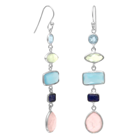 Blue Topaz Prehnite Chalcedony Lapis and Rose Quartz Dangle Earrings Sterling Silver Blue Topaz Prehnite Chalcedony Lapis and Rose Quartz Dangle Earrings Sterling Silver