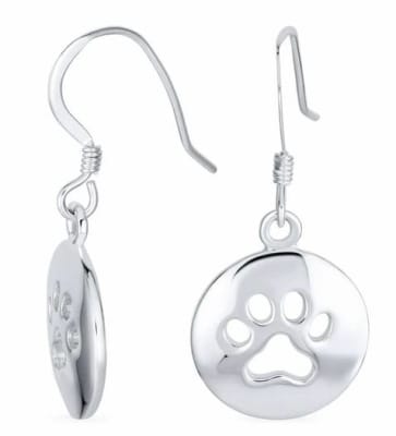 Puppy Paw Print Drop Earrings .925 Silver Fish Hook