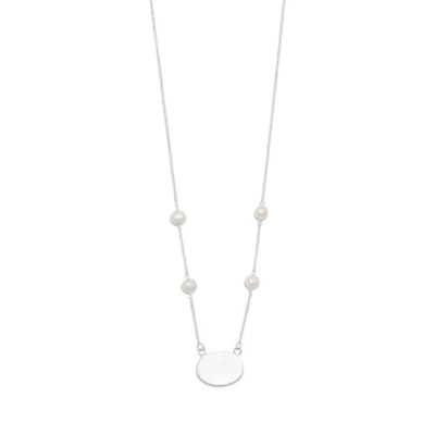 16" ID Tag Necklace with White Cultured Freshwater Pearls
