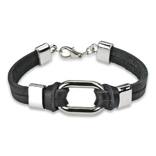 Black Leather Bracelet with Steel Link Center Accent